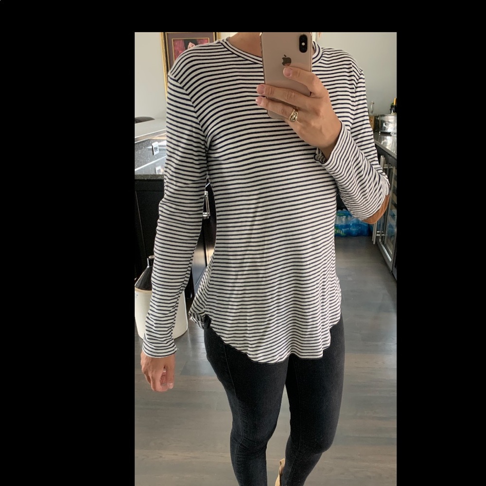 Blue striped, patch sleeves sweater